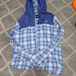 Under Armour Navy and Light Blue Plaid Hooded Shirt